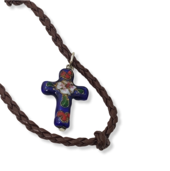 VERY LONG BROWN BRAIDED LEATHER & SILVERPLATED CROSS CHARMS NECKLACE - Picture 4 of 10